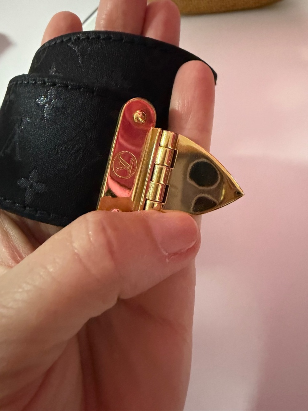 Louis Vuitton cuff leather black bracelet cellular monogram satin gold